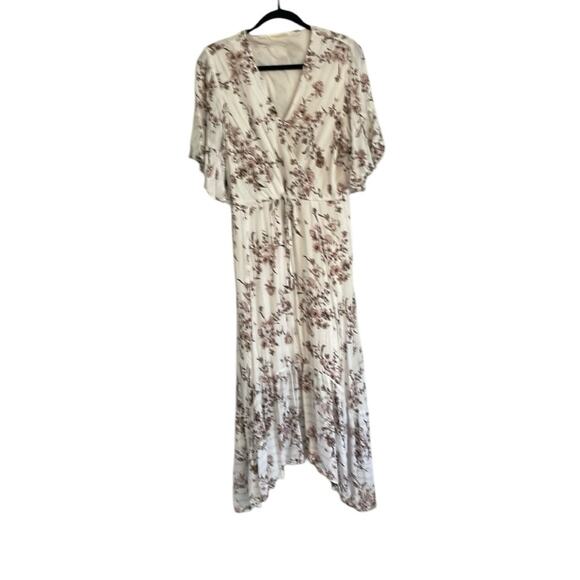 Lovestitch Floral Maxi Dress White Pink Brown Metallic V Neck Size L EUC - Picture 2 of 8